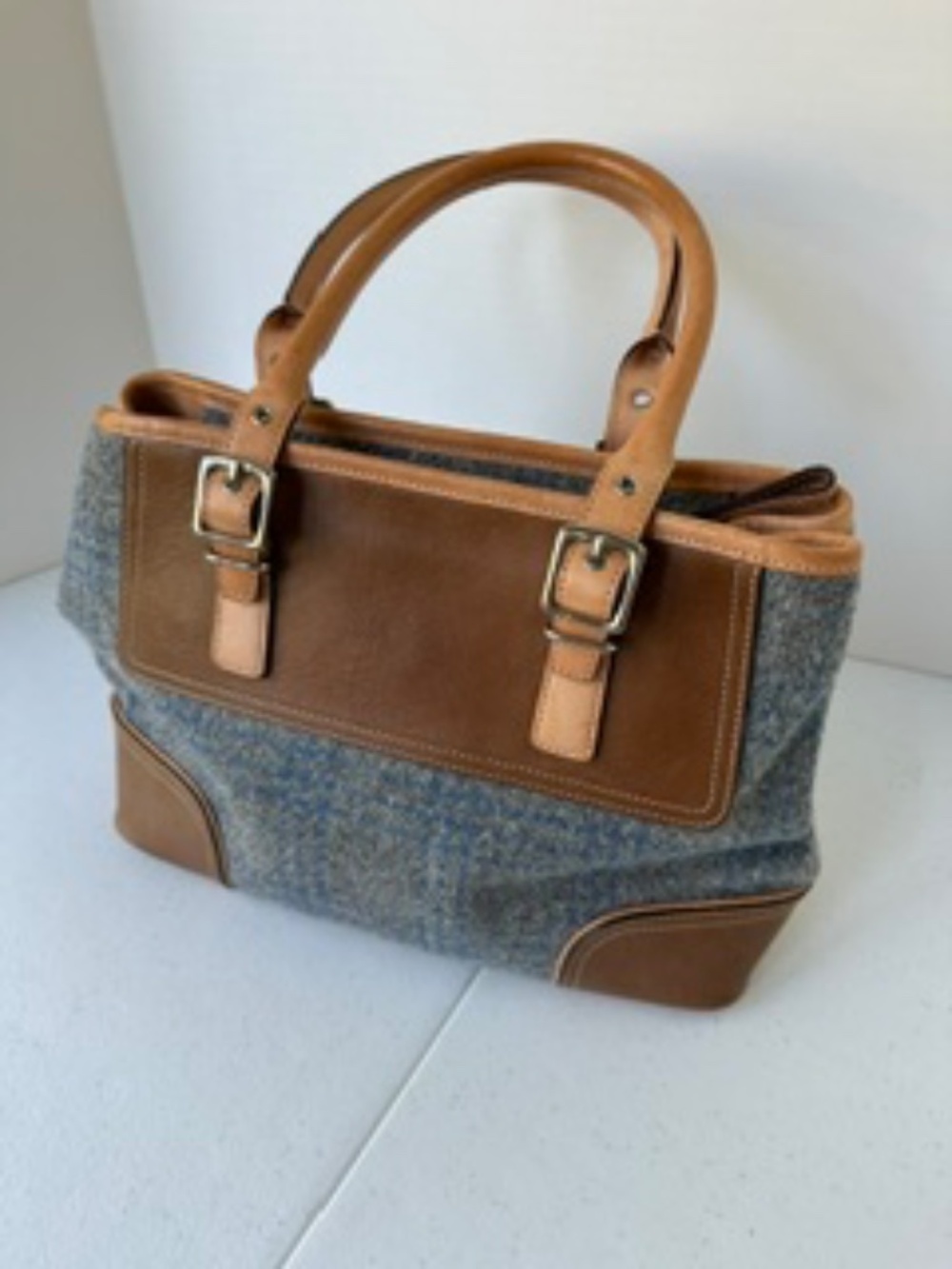 COACH Satchel handbag - Blue/Gray plaid wool and tan leather - Picture 4 of 8
